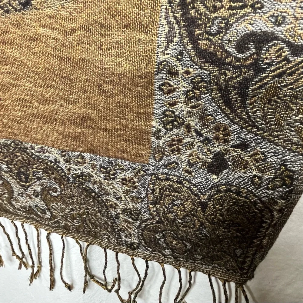 Pashmina Silk Blend Brown and‎ Tan Oversize Scarf with Fringe